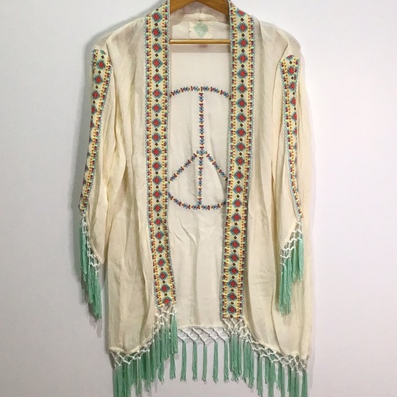 Z&L Europe Other - Embroidered  Peace Fringe Cover Up Kimono Boho Hippie